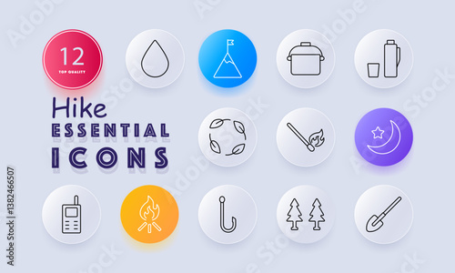 Hike set icon. Includes mountain, drop, pot, bottle, recycle, match, moon, radio, fire, hook, tree, shovel, all related to outdoor trekking and camping