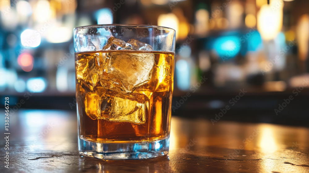 A glass of whiskey with ice on a wooden bar surface, highlighting a relaxed drinking atmosphere. A glass of whiskey with ice on a wooden bar surface, highlighting a relaxed drinking atmosphere.