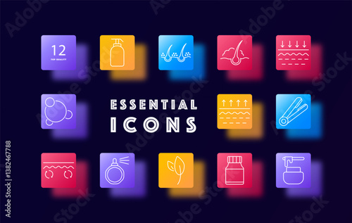 Cosmetic and grooming set icon. Icons present pump bottle, skin textures, particles, straightener, spray bottle, leaf, jar, and beauty devices with various hair and scalp visuals.