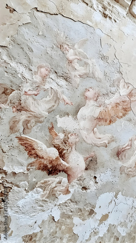 Antique Painting of Angels and Birds in Pastel Tones