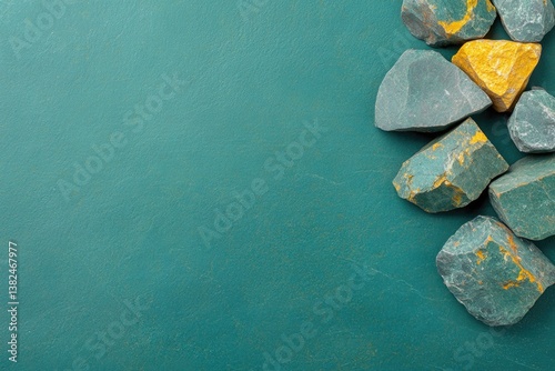 Colorful minerals arranged on green background, showcasing uniqu photo
