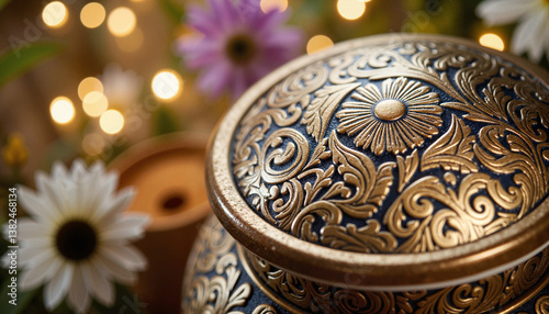 Intricate floral urn lid close-up with bokeh lights, remembrance concept
