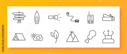 Adventure camping set icon. Icons show boat, flashlight, leaf, GPS, walkie, tent, cloud, mountain, chicken leg, signpost, multitool, sunlight in simple thin-line style.