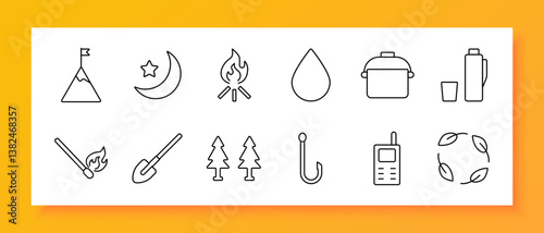 Survival tools set icon. Icons show mountain, moon, fire, pot, thermos, water drop, matchstick, shovel, tree, hook, walkie-talkie, and eco leaves in bold linear style
