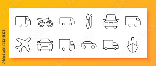 Transportation set icon. Line icons of trucks, bicycle, van, kayak, airplane, cars, cruise ship on white background showing multiple transport modes for cargo, delivery, travel, recreation, logistics