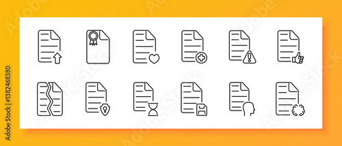 Document set icon. Line icons of files with heart, plus, alert, shield, hourglass, head, disk, gear, certificate, thumbs up on white background indicating status, security, approval, health, alert