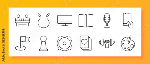 Education set icon. Line icons of students, magnet, monitor, book, microphone, phone, flag, pawn, seal, cards, dumbbell, palette on white background related to learning, creativity, activity, objects