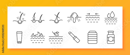 Skincare set icon. Line icons of hair roots, shine, growth, blockage, drop, arrows, cream, leaf, lipstick, jar, bottle on white background representing treatment, moisture, natural care, cleansing