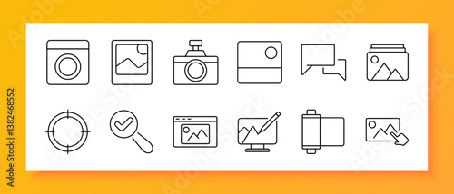 Image editing set icon. Line icons of gallery frame, camera, speech bubble, photo stack, target, magnifier, checkmark, monitor edit, film roll, image tap on white background