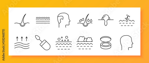 Skin health and beauty set icon. Hair growth, face care, droplet, cleanser, regeneration, makeup compact, skincare product, hydration arrows, foam, profile, wave lines.