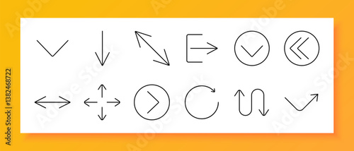Arrows and direction set icon. Chevron, downward arrow, diagonal arrow, right arrow, down check, left chevron, move arrows, circular rotation, up arrow, vertical curve, upward check