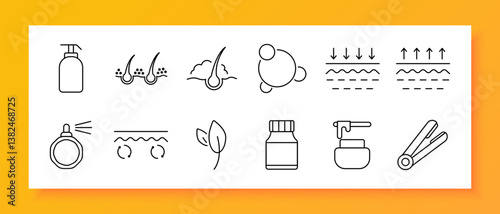 Hair and scalp care set icon. Shampoo bottle, follicles with dots, hair foam, molecule, skin arrows, upward arrows, spray, circular arrows, leaf, vial, open jar, iron
