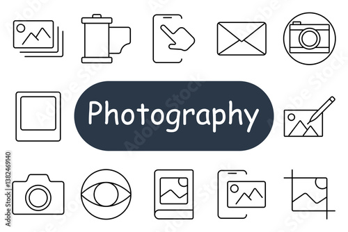 Photography set icon. Includes cameras, photo prints, slides, eye icon, image editor, photo book, landscape picture, photo frame, mobile photo view, crop tool, and film roll