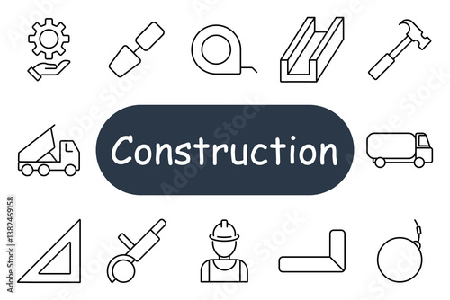 Construction set icon. Includes construction worker, paint roller, tape measure, crane, blueprint tool, gear system, truck, steel beam, grinding tool, bomb, and mechanical joint.