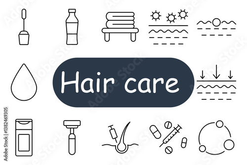 Hair care set icon. Dropper, bottle, towel, sunlight, hydration, moisture, cleansing, razor, shampoo, injection, pills, scalp, nutrition, structure, restoration.