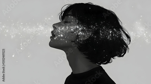 A woman in profile is expelling starlight and musical notes into the void depicted in black and white