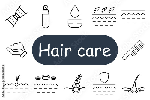 Hair care set icon. DNA, spray bottle, serum, growth, structure, comb, powder, moisture, protection, elasticity, shine, defense, follicle, surface, cosmetic.