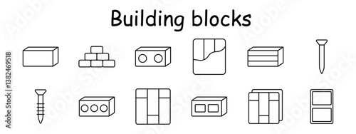 Building blocks set icon. Brick, stacked block, construction part, tile, plank, nail, screw, modular element, layered panel, fastener, construction component, structure, hardware.