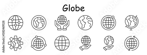 Globe set icon. Earth, hands, planet, orbit, rotation, globe gear, map, world icon, environment, global care, terrestrial, navigation, system.