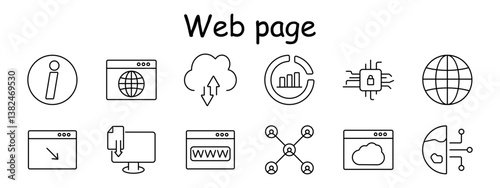 Web page set icon. Info, browser, cloud sync, chart, cybersecurity, globe, window, monitor, file download, network, hosting, interface, technology.