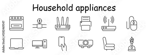 Household appliances set icon. Stove, meter, router, printer, signal device, mouse, laptop, PC, phone, projector, armchair, burner, technology, control.