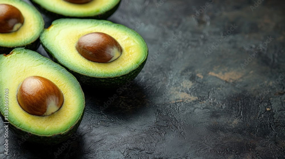 Fresh avocado halves on dark background