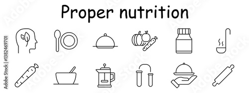 Proper nutrition set icon. Profile with leaf, spoon, plate, dish, fruits, supplement, ladle, carrot, bowl, press pot, test tube, hand with plate, roller.