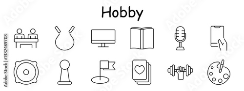 Hobby set icon. Board game, boxing glove, monitor, book, mic, phone, drum, chess pawn, flag, cards, dumbbell, palette, creativity, activity.