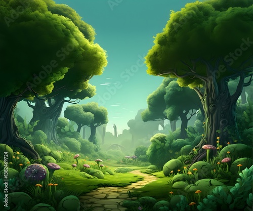 Enchanting Fantasy Forest Path Lush Greenery & Vibrant Nature Scene