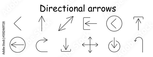 Directional arrows set icon. Left, top, circle, down, rotate, return, square, U-turn, navigation, adjustment, flow.