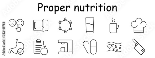Nutrition set icon. Emotions, cutting board, molecule, glass, hot beverage, chef hat, stomach, checklist, coffee machine, pills, bacteria, cleaver. Healthy diet, gut health, vitamins, preparation