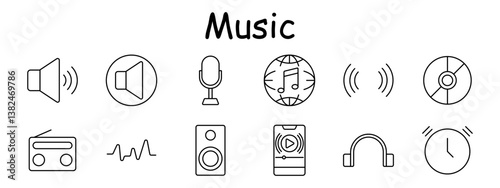 Music set icon. Includes speakers, microphone, radio, CD, wave, headphones, phone, audio signal, clock, globe, music note, outlined style, simple form