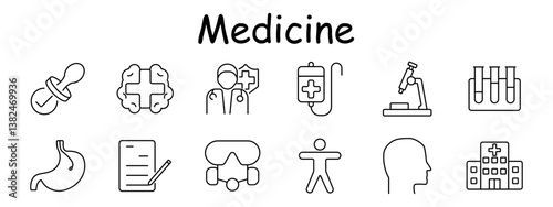 Medicine set icon. Pacifier, brain, doctor, IV drip, microscope, test tubes, stomach, form, mask, human body, head, hospital. Healthcare research, treatment, protection, anatomy