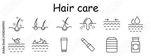 Hair care set icon. Hair follicle, scalp, dry, oily, growth, loss, conditioner, serum, shampoo, vitamins. Scalp condition, hair treatment, hydration, product use.