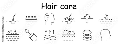 Hair care set icon. Hair root, head, skin layers, follicle hydration, scalp, shine, oil, serum, airflow, foam, container, profile. Hair structure, cleansing, nourishment.