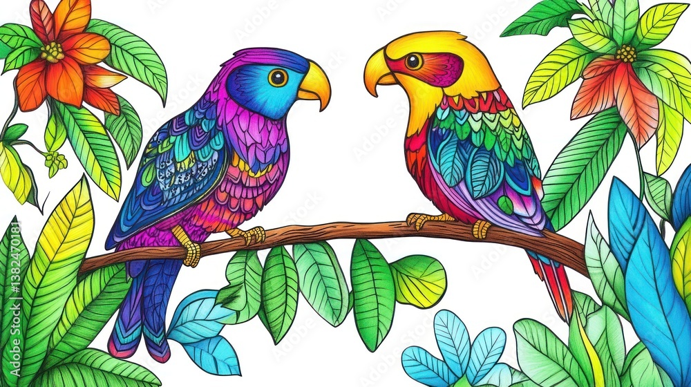Fototapeta premium Colorful parrots on branch, tropical flowers background, coloring book, artistic design