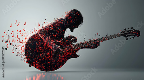 Abstract image of a guitar player silhouette rendered with geometric patterns red accents and floating musical notes