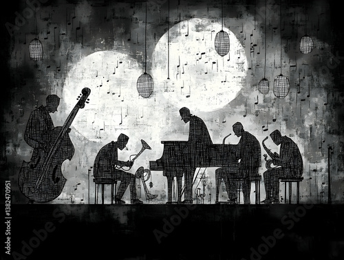 Abstract monochromatic depiction of a band ensemble featuring diverse instruments against a textured backdrop with musi