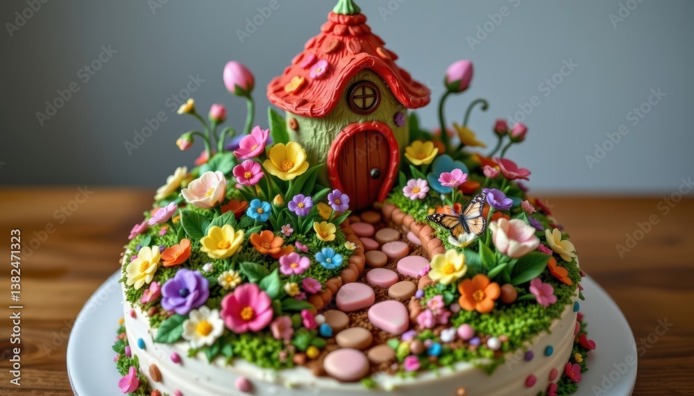 Obraz premium Whimsical Cake Garden A fantastical cake designed to resemble a garden, featuring edible flowers, butterflies, and whimsical decorations.