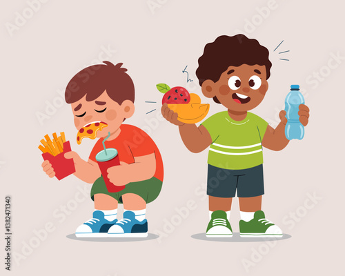 Healthy Eating vs Unhealthy Diet Choices: Cartoon Kids Comparing Fruits and Junk Food