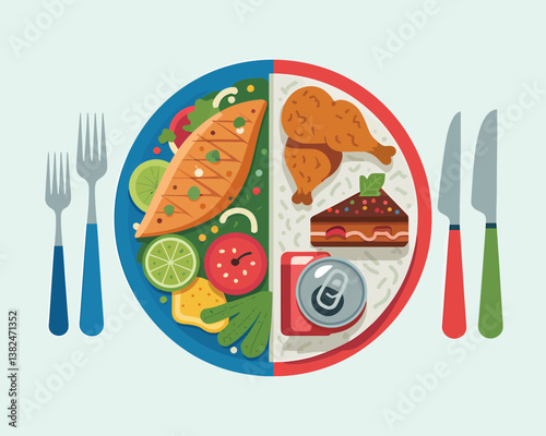 Healthy and Unhealthy Food Choices on Divided Plate: Diet Concept Illustration