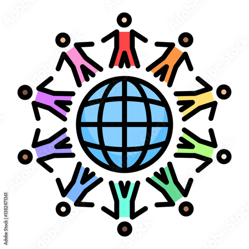 Globe surrounded by people holding hands color illustration, symbolizing diversity, featuring a globe with figures of various colors holding hands around it.