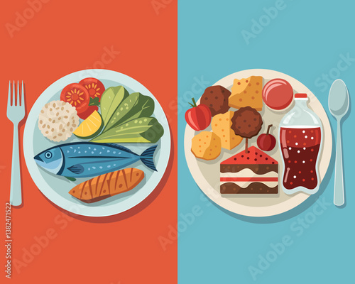 Healthy vs Unhealthy Food Choice: Comparing Nutritious Meals with High-Sugar Desserts and Drinks on Plates