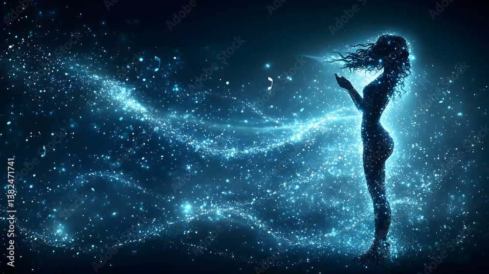 Naklejka premium A shimmering silhouette of a woman amidst a celestial blue expanse of swirling light and floating music notes