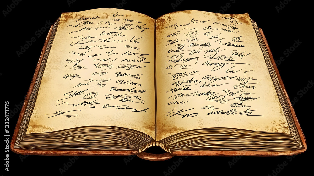 Obraz premium An aged journal lies open filled with cryptic script on aged weathered pages bound by a woven spine set against a bl