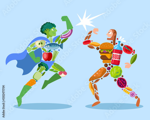 Healthy vs. Unhealthy Food Fight: Superhero Illustration Showdown for Diet and Nutrition Concepts