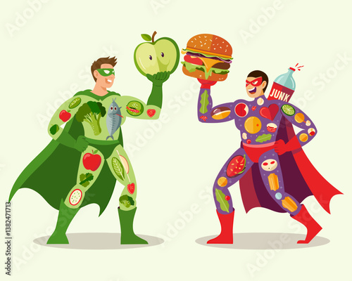 Healthy Eating vs. Junk Food Superhero Battle: Diet Choices and Nutrition Concept
