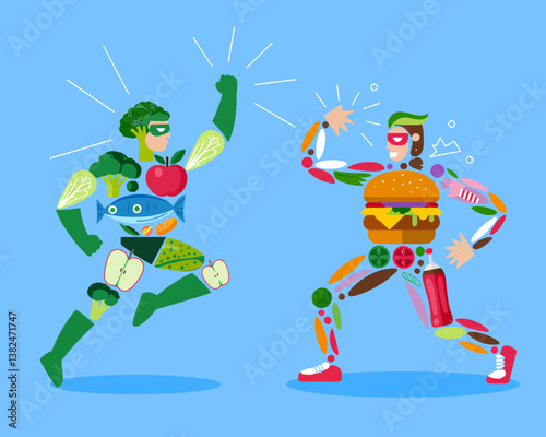 Healthy vs Unhealthy Food Battle: Cartoon Superheroes Fight for Nutrition, Representing Diet Choice