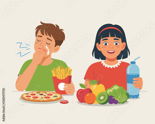 Healthy Eating vs Unhealthy: Children's Food Choices Illustration
