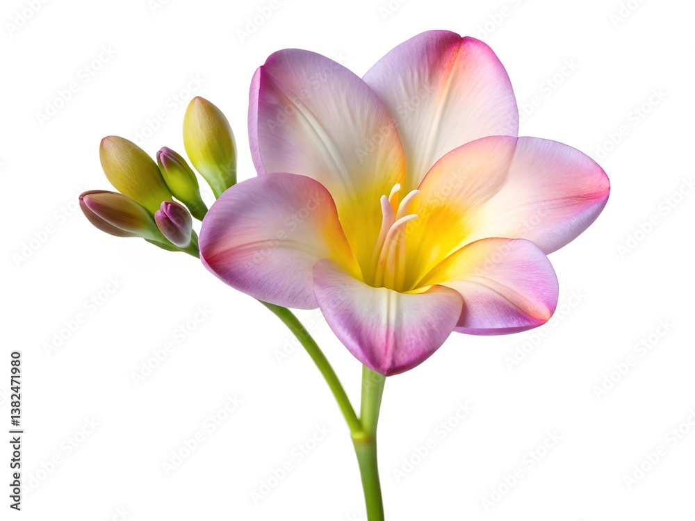 A delicate freesia blossom, bursting with soft pink and yellow hues, a symbol of new beginnings and gentle beauty, isolated against a pure white background. A delicate freesia blossom, bursting with soft pink and yellow hues, a symbol of new beginnings and gentle beauty, isolated against a pure white background.